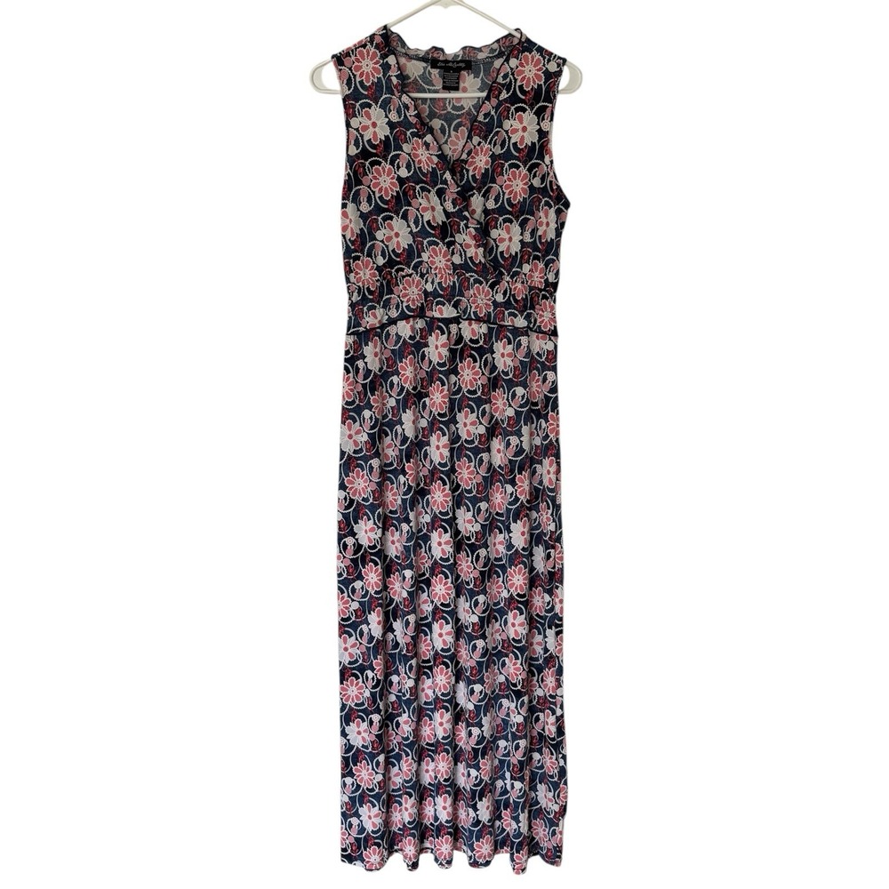 Elie McCarthy Maxi Dress Women's S Blue Pink‎ White Floral Ruffled Neck Feminine
